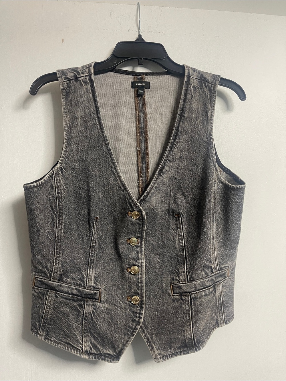 Express Washed Charcoal Denim Vest with Button Front